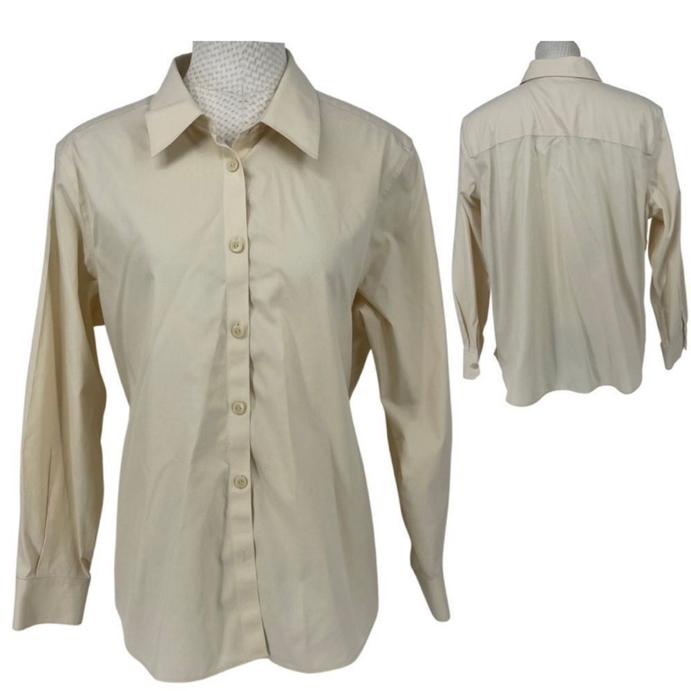 Foxcroft beige, non-iron, shaped fit button down blouse. Size 16W